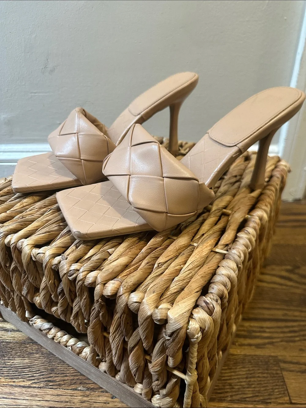 Women’s Nude Woven Square Toe High Heel Mules